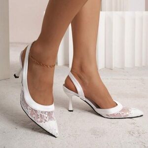 White Round-Toe Lace Slingback Heels